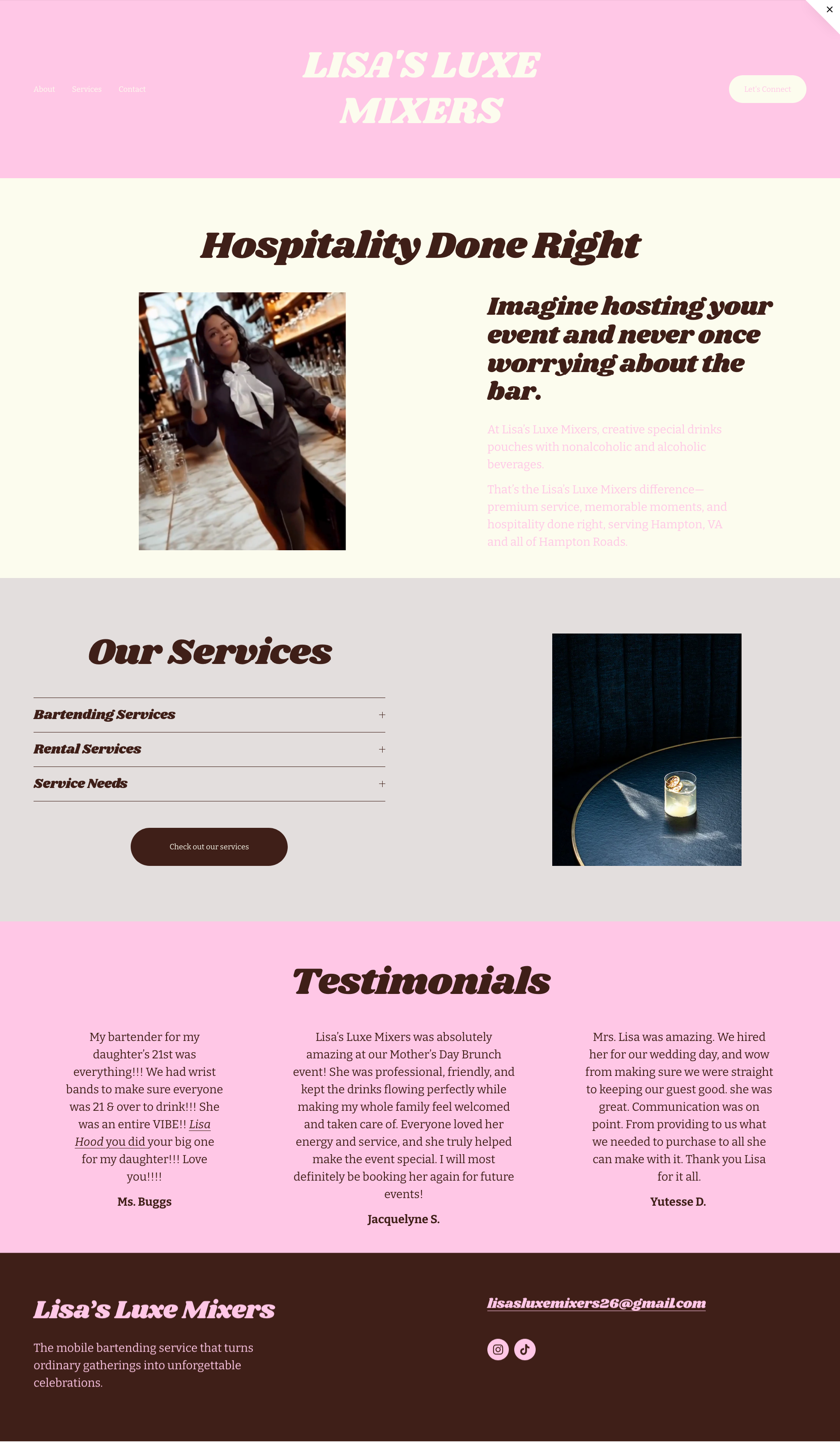 Screenshot of a website for Lisa's Luxe Mixers featuring a pink and beige color scheme, with sections about services, testimonials, and contact information, including a photo of a bartender and a cocktail on a dark blue table.