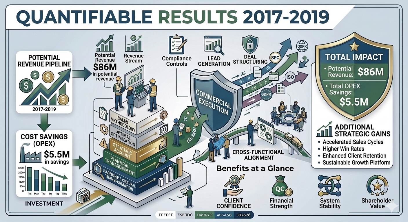 Infographic displaying quantifiable results from 2017 to 2019, including potential revenue of $86 million and $5.5 million in cost savings, with an outline of impact, strategic gains, and benefits such as client confidence, financial strength, system stability, and shareholder value.