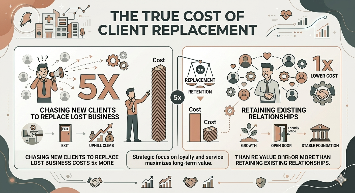 An infographic illustrating the true cost of client replacement, showing that chasing new clients to replace lost business is 5 times more expensive than retaining existing clients, with visuals of a person with a megaphone, charts, gears, a handshake, and icons representing growth and stability.