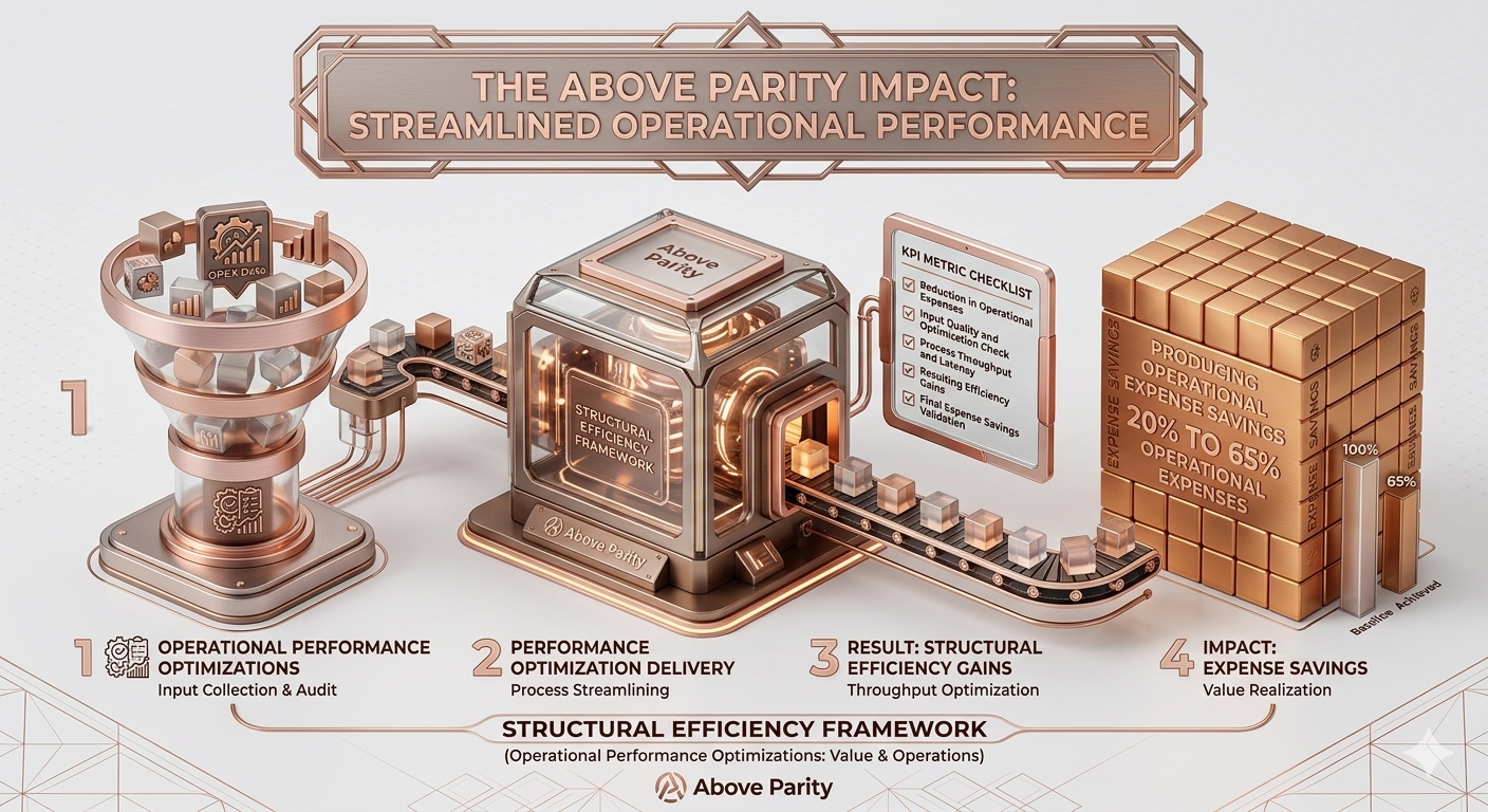 Diagram illustrating the process of operational performance optimization through structural efficiency framework, starting with input collection, process streamlining, throughput optimization, and resulting in expense savings, with a graph showing 20% to 65% savings.