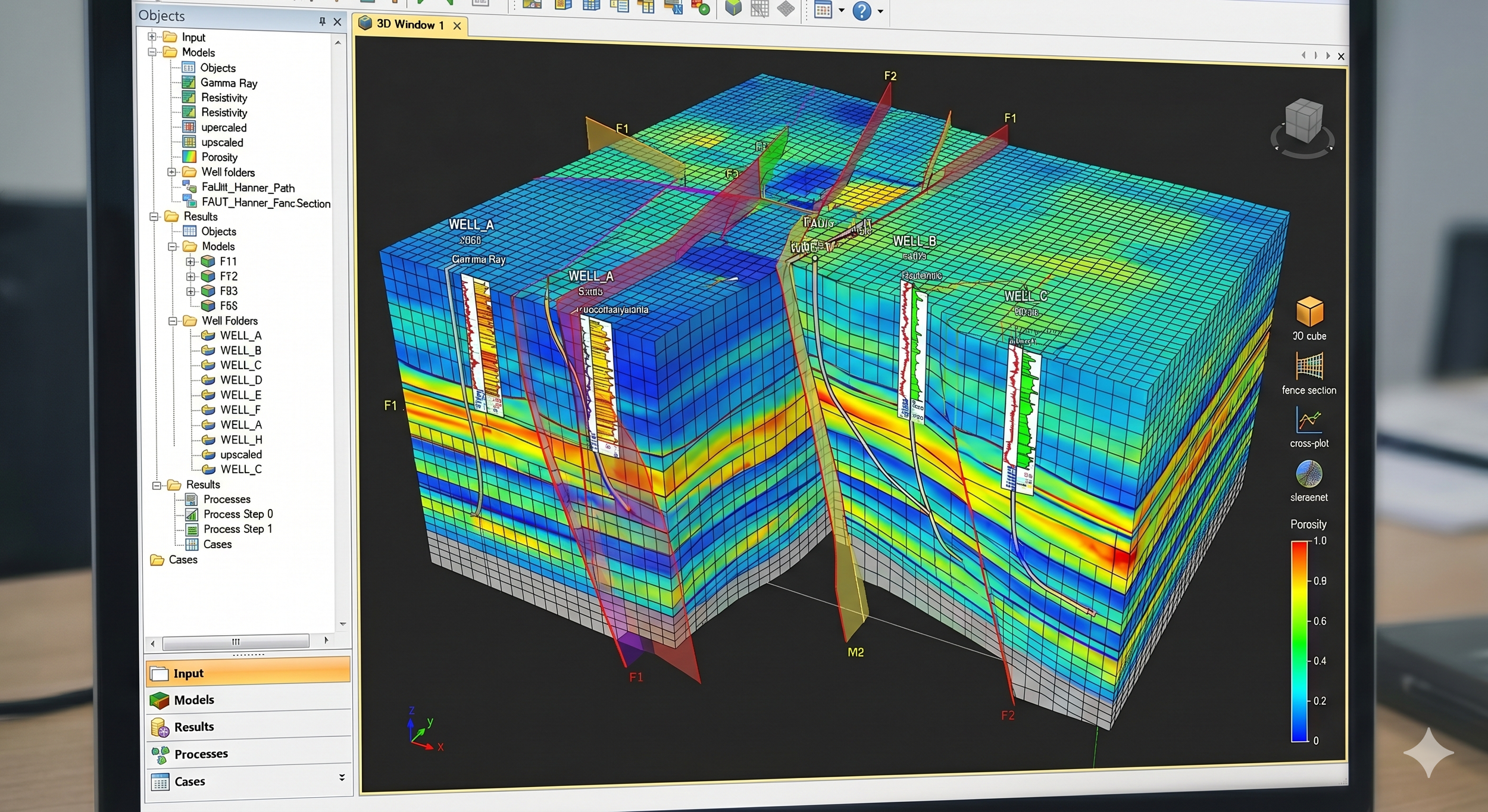 Computer screen displaying a 3D graph with multicolored grid and labeled elements, showing data analysis or modeling software.