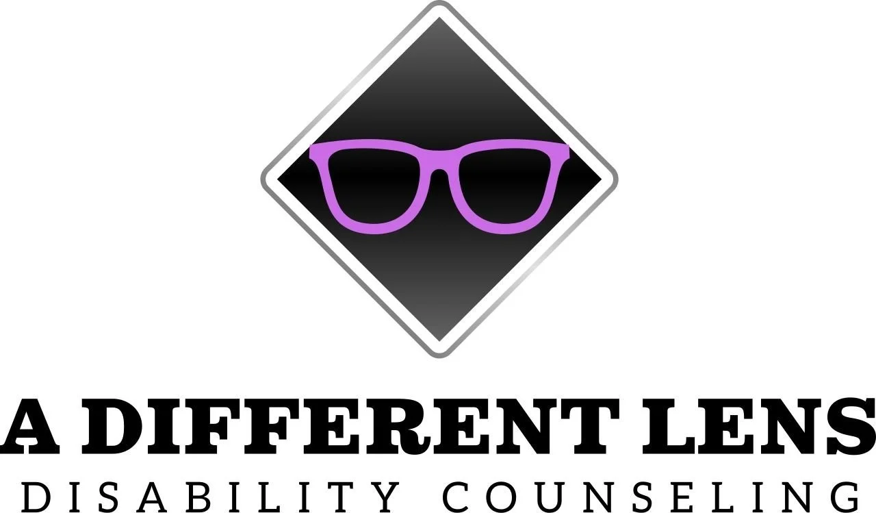 Logo-Black diamond with pink framed glasses. A Different Lens Disability Counseling