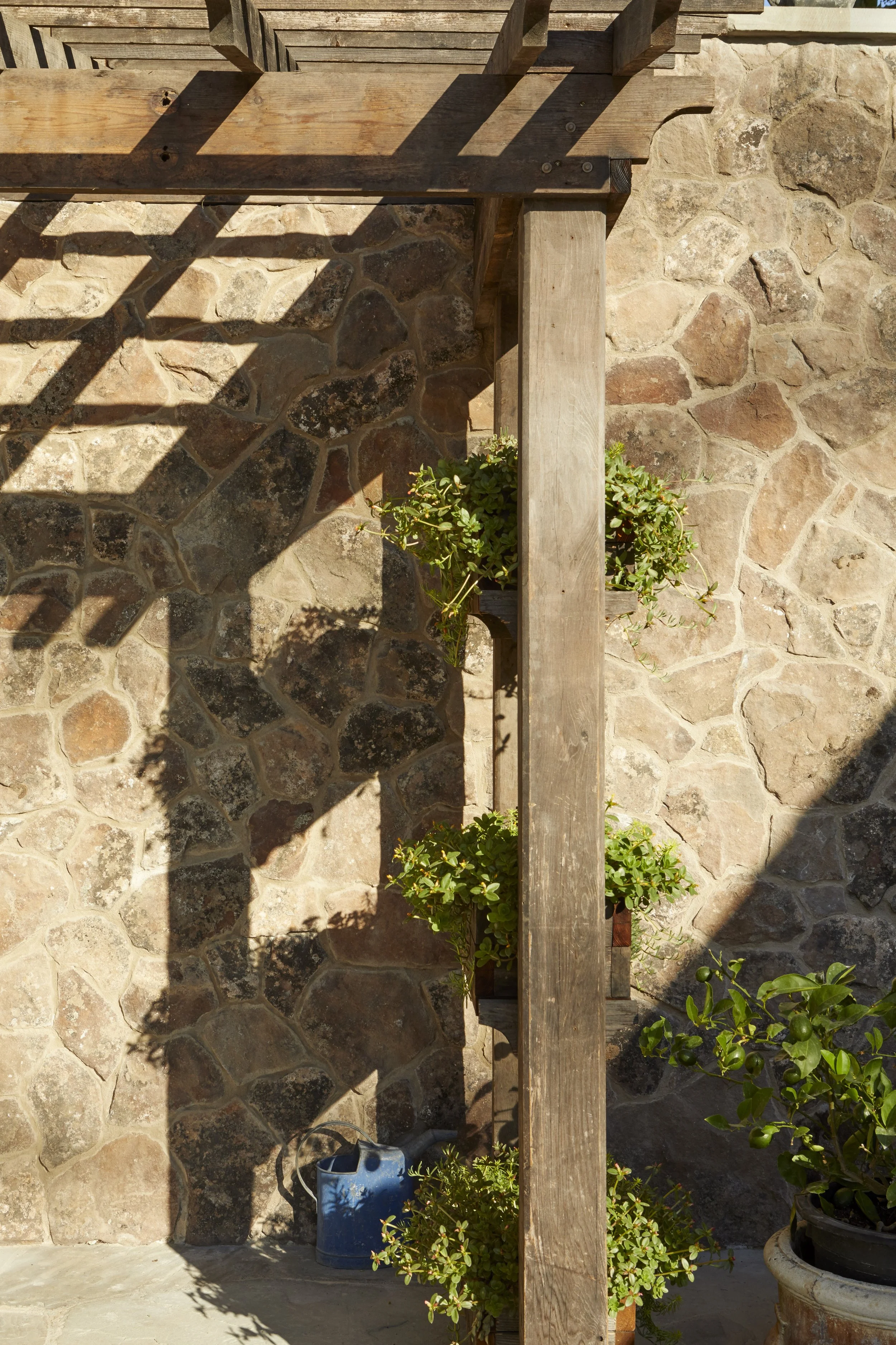 A wooden trellis with plants growing in pots underneath it, casting shadows on a stone wall. The pots include a blue watering can and a large terracotta pot with greenery.