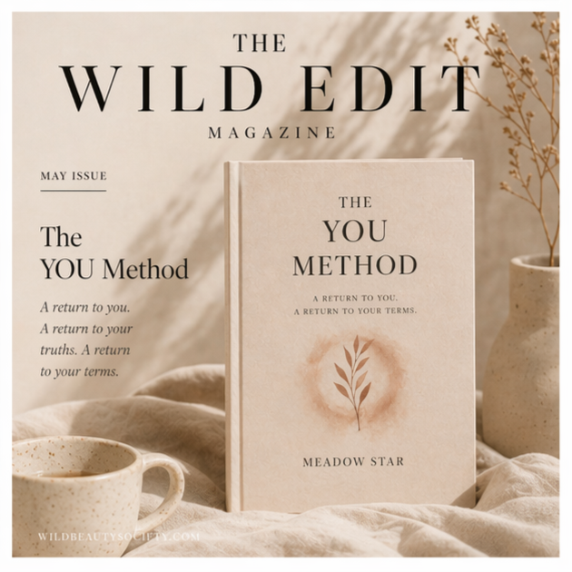 The You Method Book by Meadow Star Author on the cover of The Wild Edit magazine sitting on a linen cloth next to coffee cup