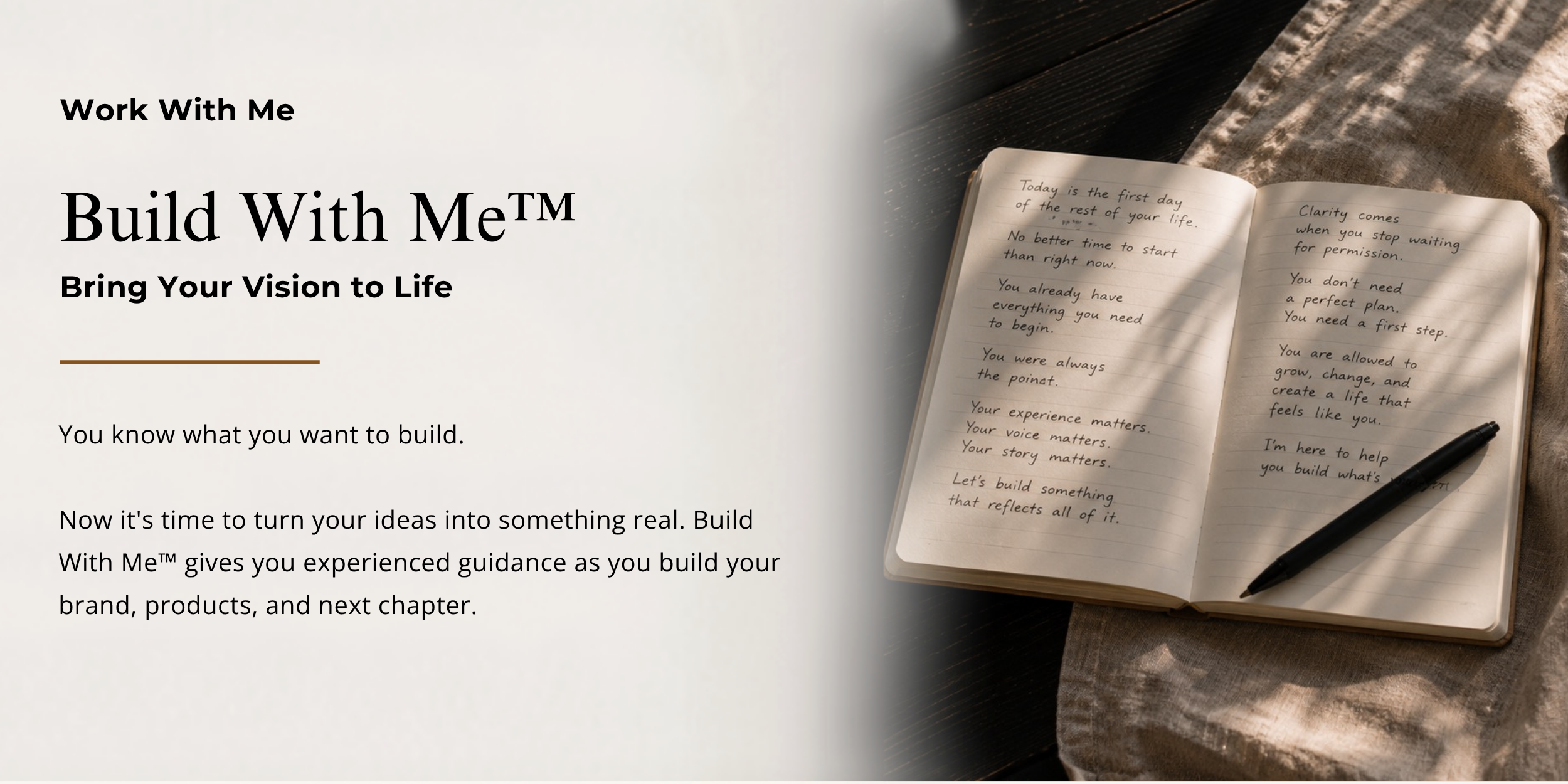 Open notebook with handwritten business notes, product packaging, and brand planning materials on a black wooden table, representing Build With Me™, a custom business development partnership for women building a business.