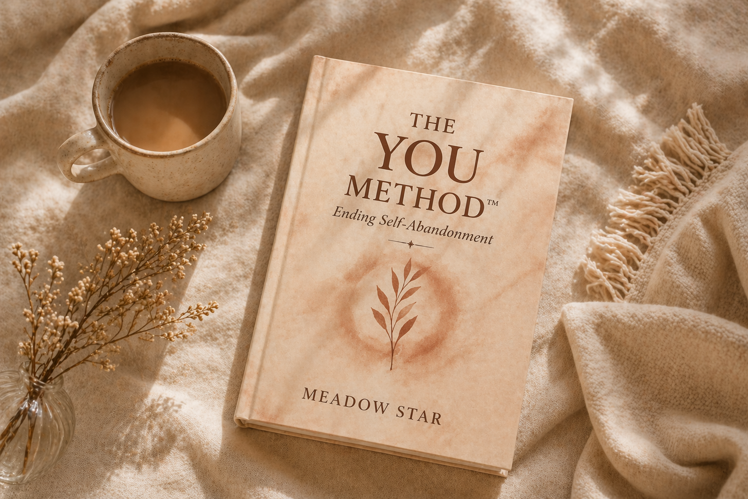 The You Method Book by Author Meadow Star laying on a table next to dried flowers and a cup of coffee
