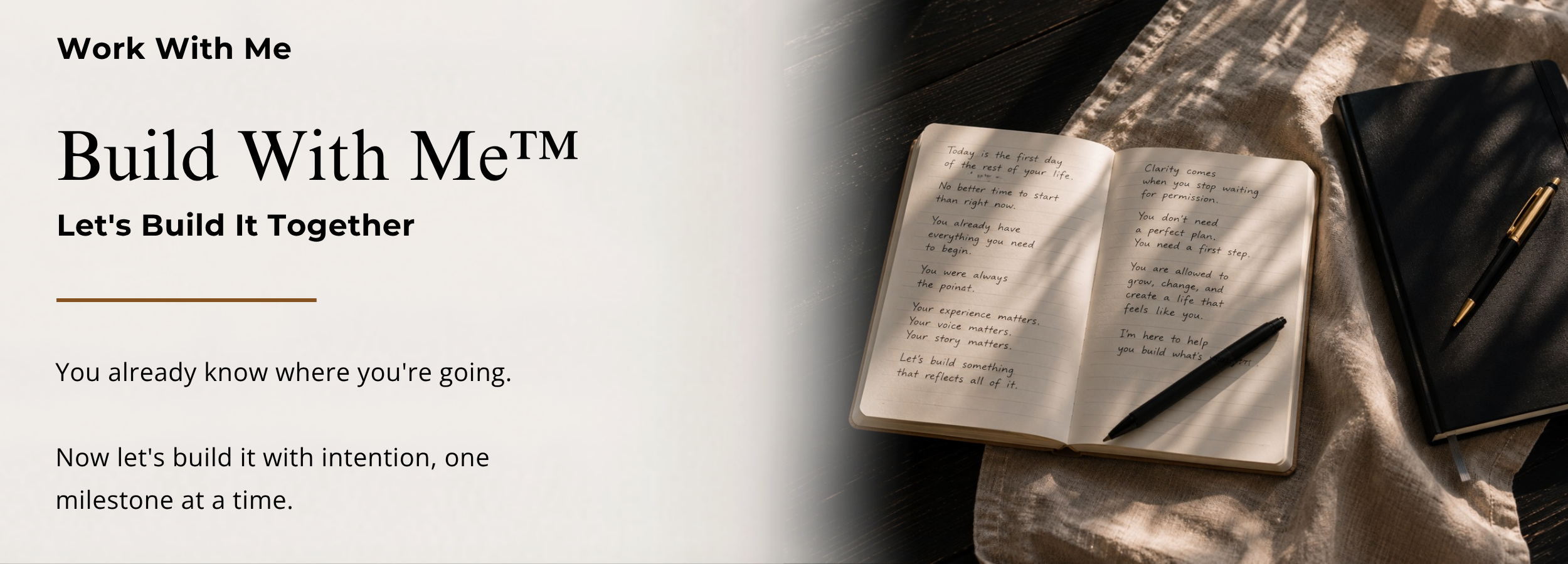 Open notebook with handwritten business planning notes on a black wooden table beside a gold pen, representing Build With Me™, milestone based business consulting for women. Wild Beauty Society