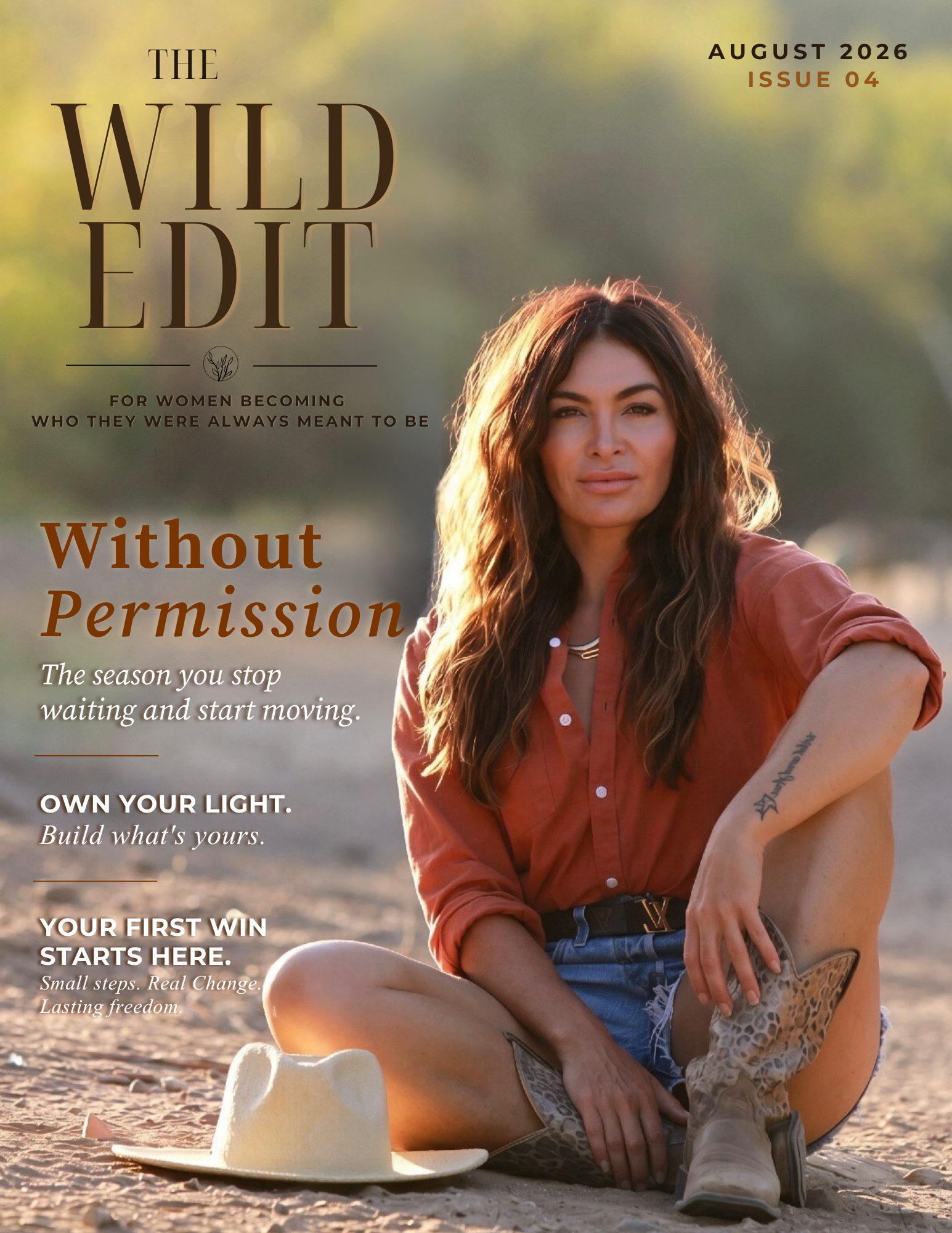 The Wild Edit August 2026 cover titled "Without Permission, featuring Meadow walking through a sunlit vineyard at golden hour. The issue, titled "Without Permission," explores self trust, taking action, beauty, style, skincare, nourishment, travel