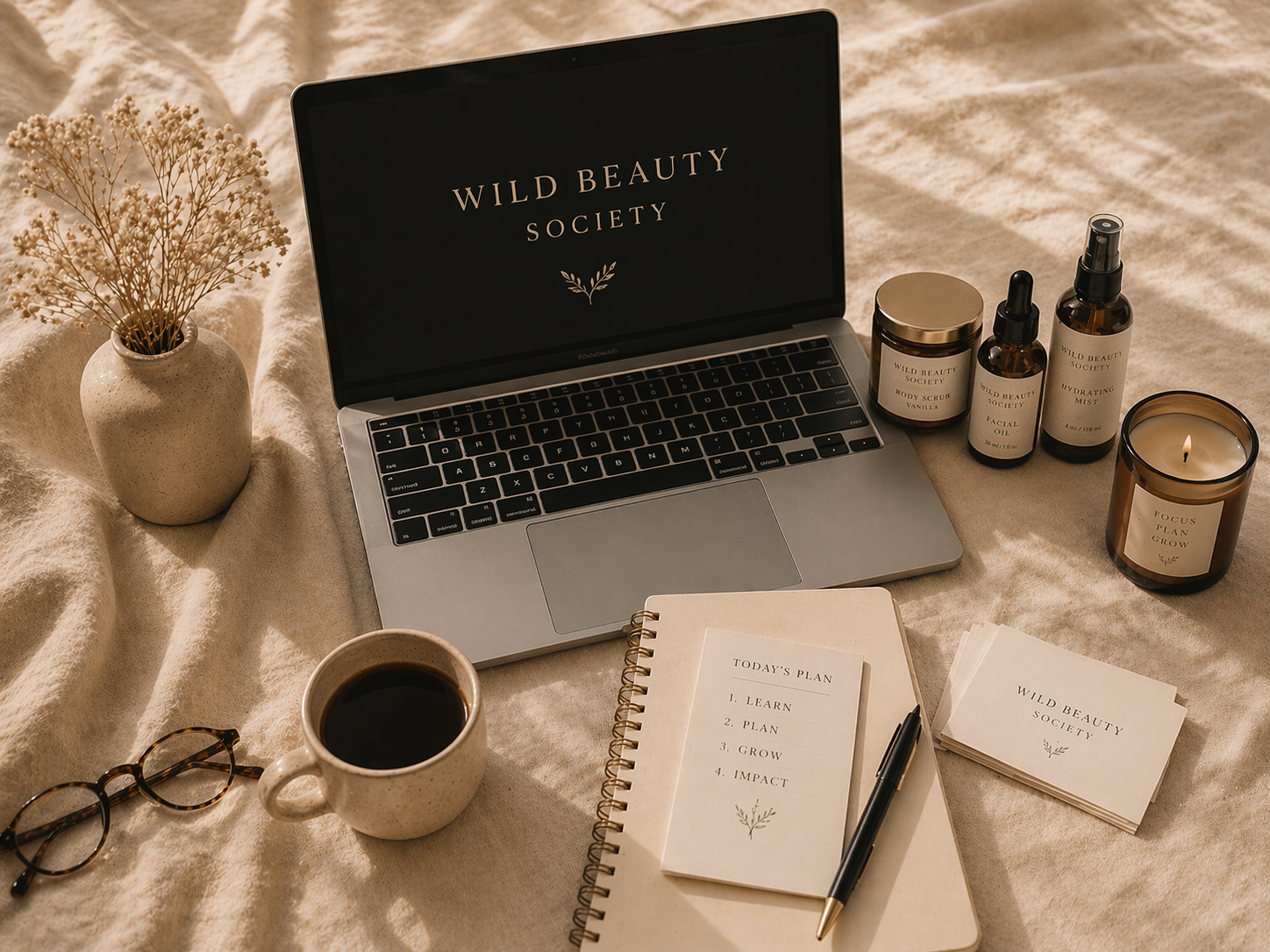 Wild Beauty Society founder workspace with laptop, beauty products, planner, and candle showcasing women’s beauty entrepreneurship and brand building tools.