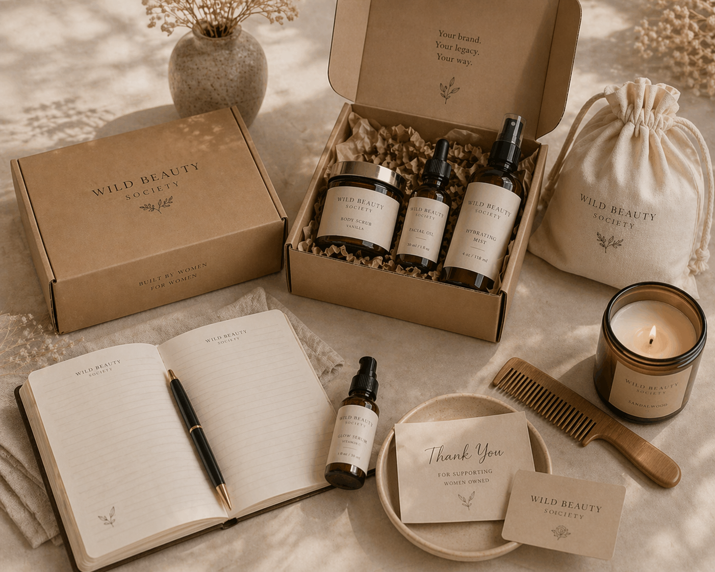 Wild Beauty Society beauty business starter box with skincare products, candle, journal, and branded packaging for women launching their own beauty brand.