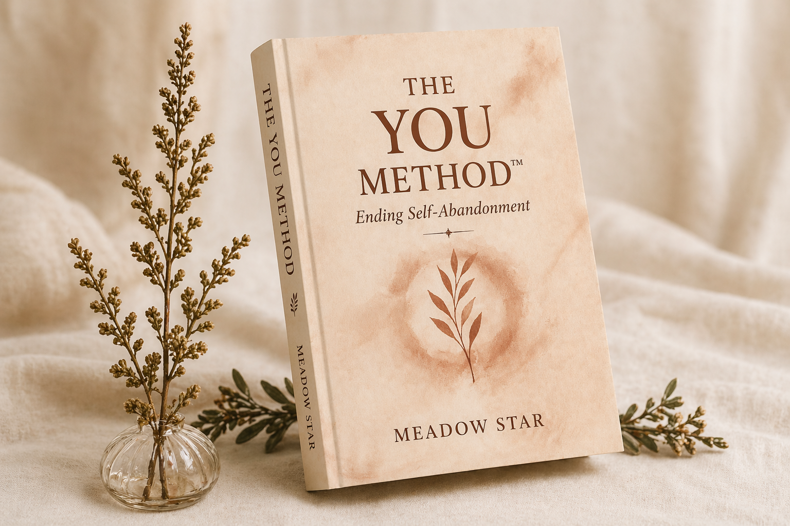 Author Meadow Star book The You Method ending self-abandonment, women empowerment, set on a table in neutral colors with a glass vase