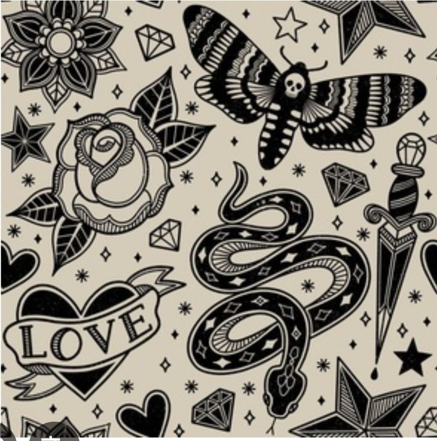 Tattoo-style black and white illustration featuring a snake, a butterfly with a skull on its body, a rose, a dagger, diamonds, stars, hearts, and the word "LOVE" inside a heart banner.