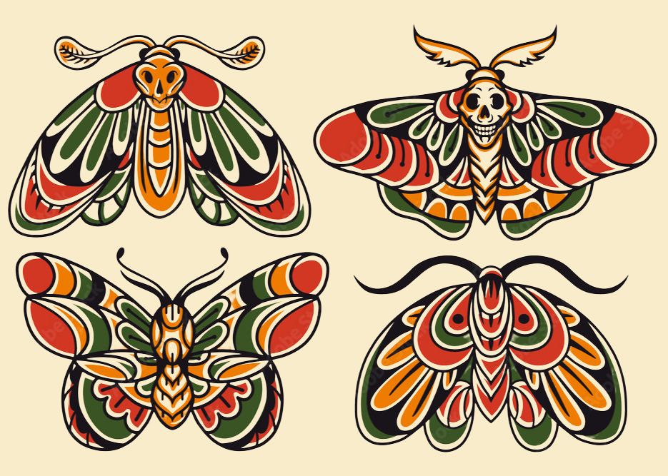 Four colorful, stylized moths with intricate patterns and bold colors including orange, green, black, and red on a beige background.
