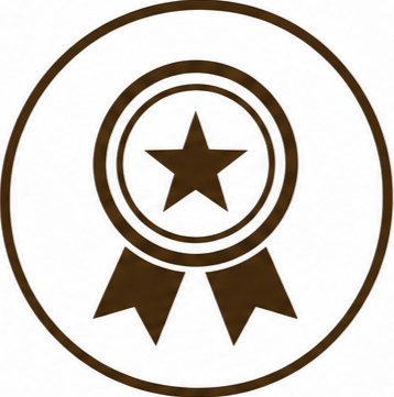 Black award ribbon with star in the center, inside a circle.