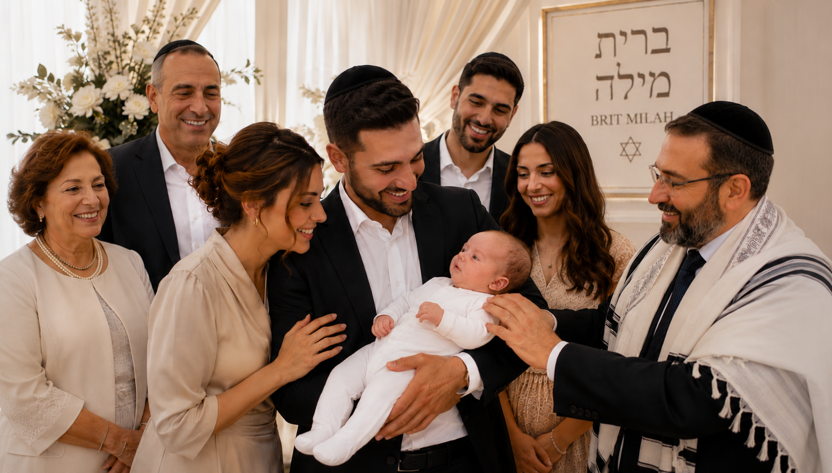 A group of people at a Jewish baby naming ceremony, including a rabbi, the baby in a white outfit, and family members smiling and gathered around.