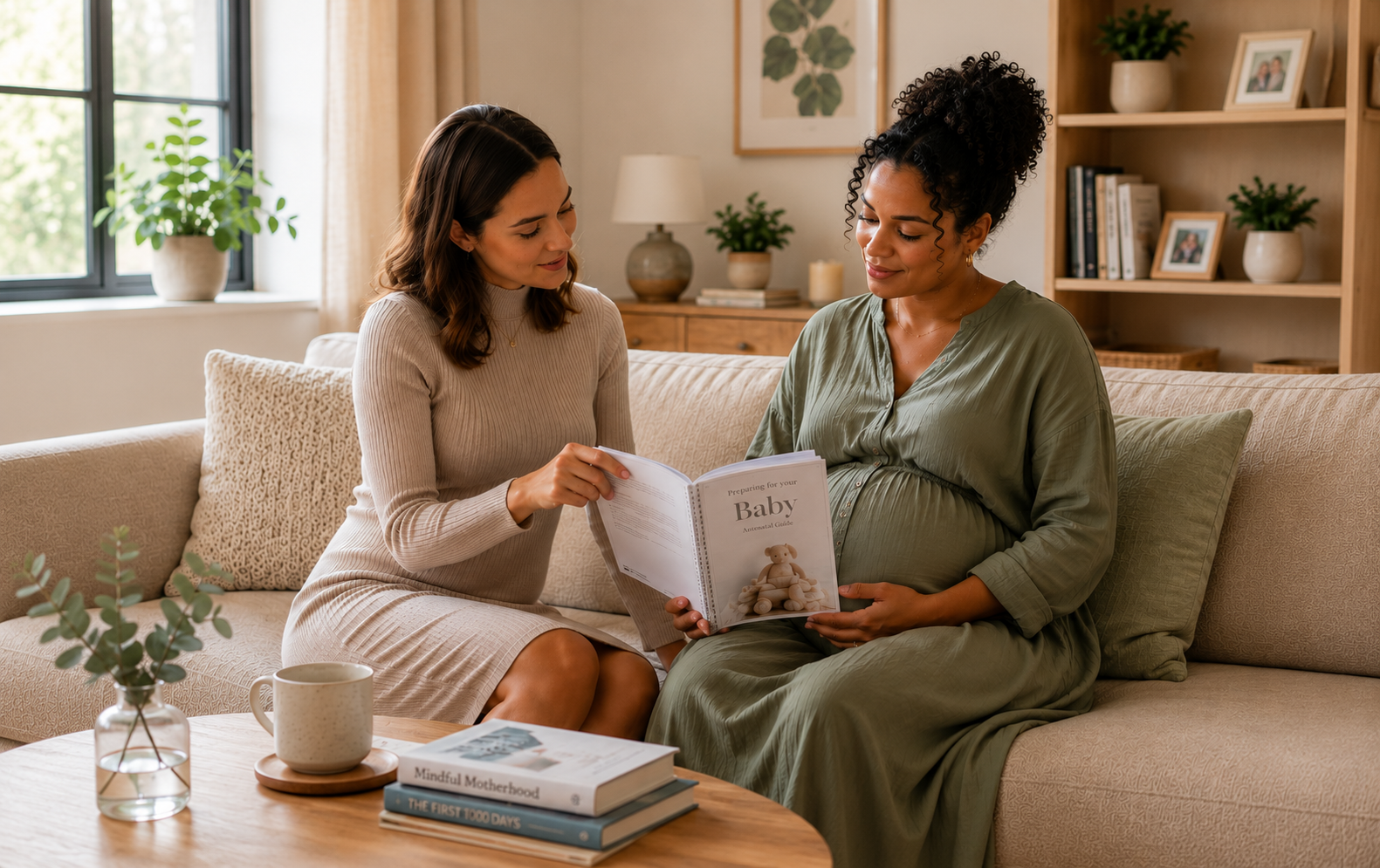 A pregnant woman sitting on a beige sofa holding her belly and a book titled 'Preparing for your Baby', next to another woman pointing at the book. They are indoors with houseplants, framed photos, and books in the background.