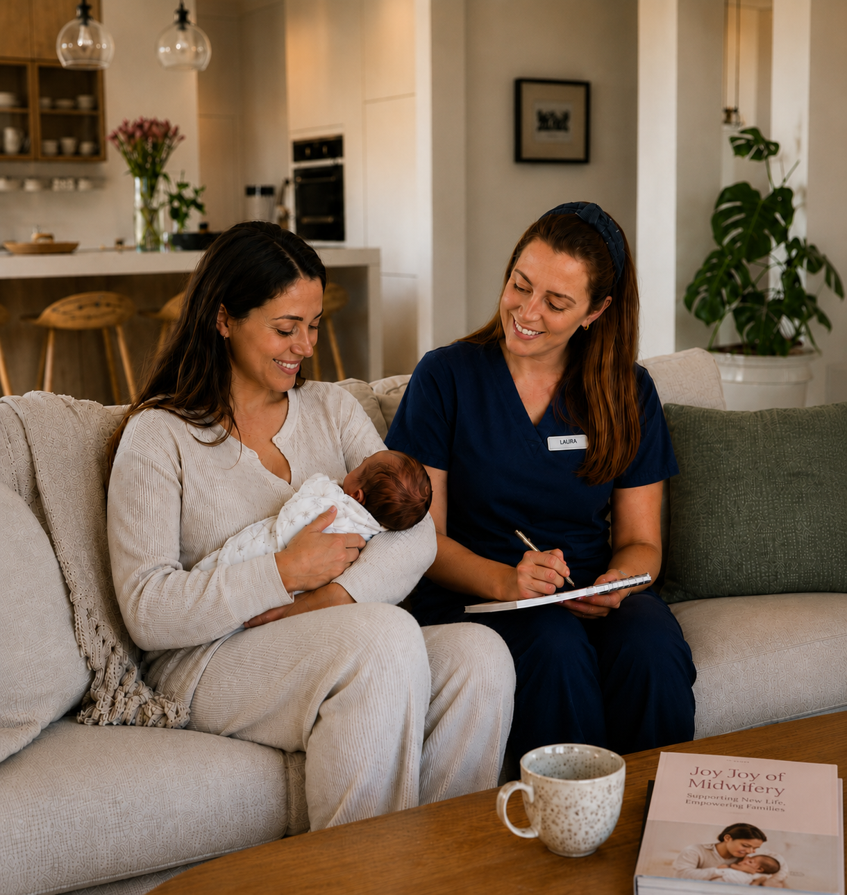A woman holding a newborn baby on her lap, sitting on a beige couch, with a smiling woman in blue scrubs writing on a notepad beside her. They are in a cozy living room with a kitchen in the background, a plant, and a book on the table that reads "Joy of Midwifery."