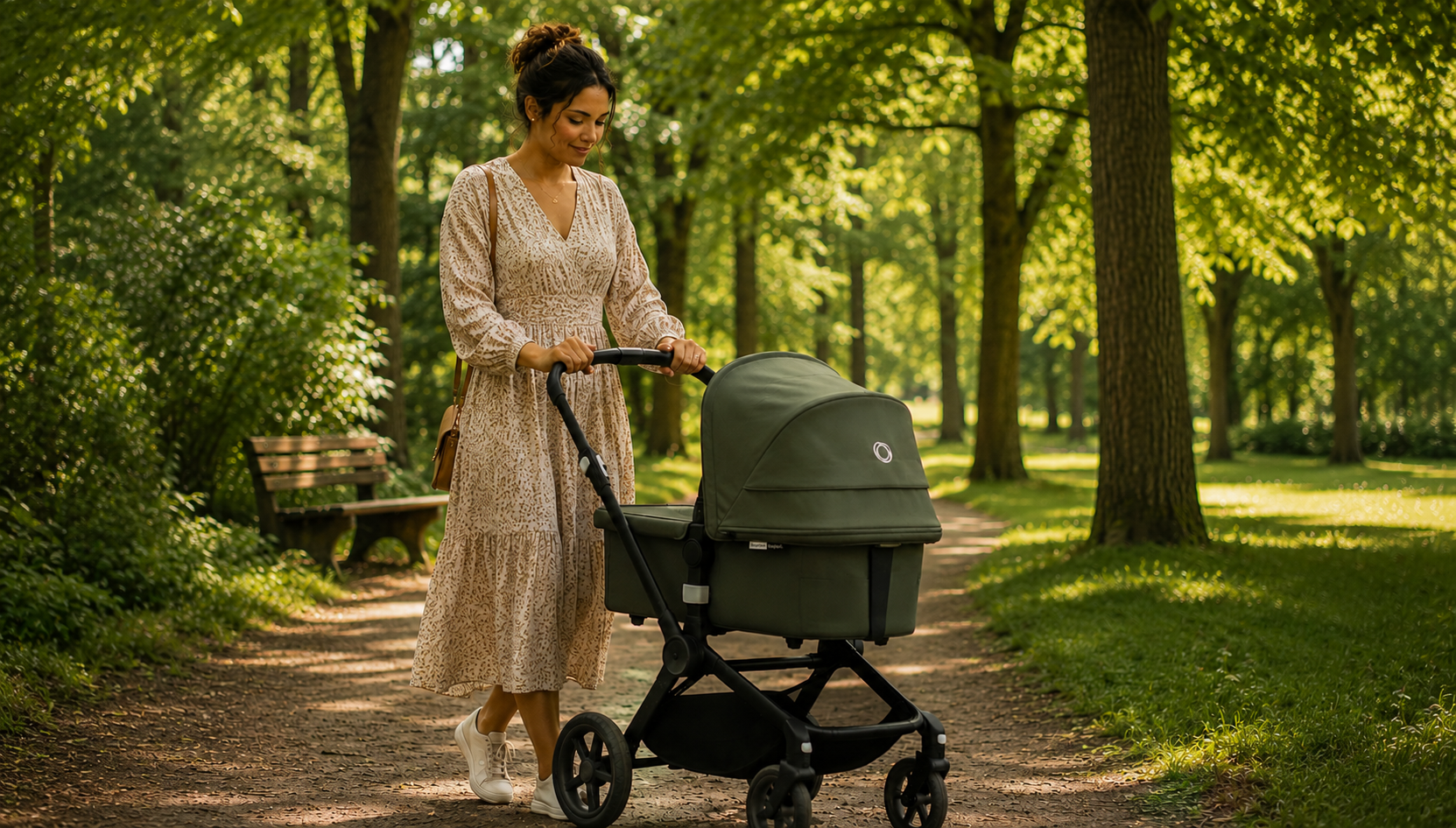 A woman in a beige dress walking in a park with a dark green baby stroller on a dirt path surrounded by trees and greenery.