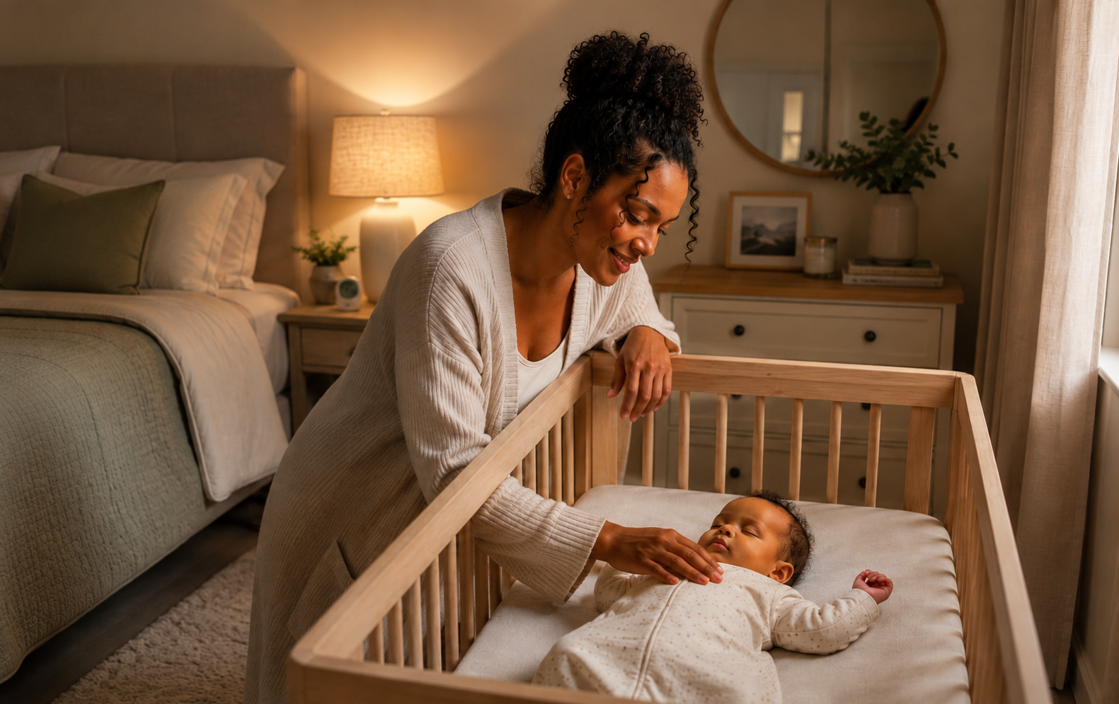A woman in a cream cardigan caring for a sleeping baby in a wooden crib in a cozy bedroom with warm lighting, a bed, a nightstand, and a mirror in the background.