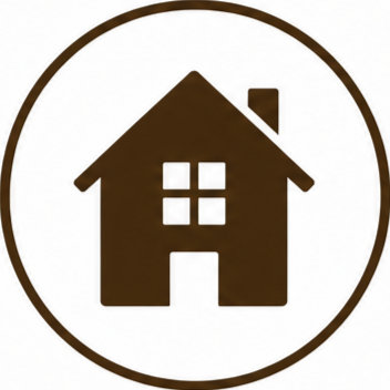 Icon of a house with four windows and a chimney, inside a circle.