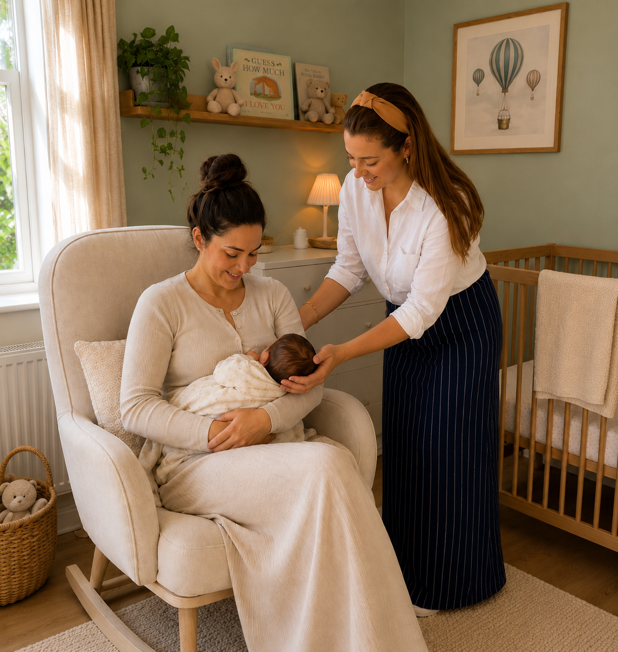 A woman holding a newborn baby in a beige blanket, sitting in a cream-colored armchair in a nursery. Another woman in a white blouse and striped navy skirt is smiling and gently touching the baby’s head. The nursery has a window with curtains, a basket of teddy bears, a changing table, and framed art of hot air balloons.