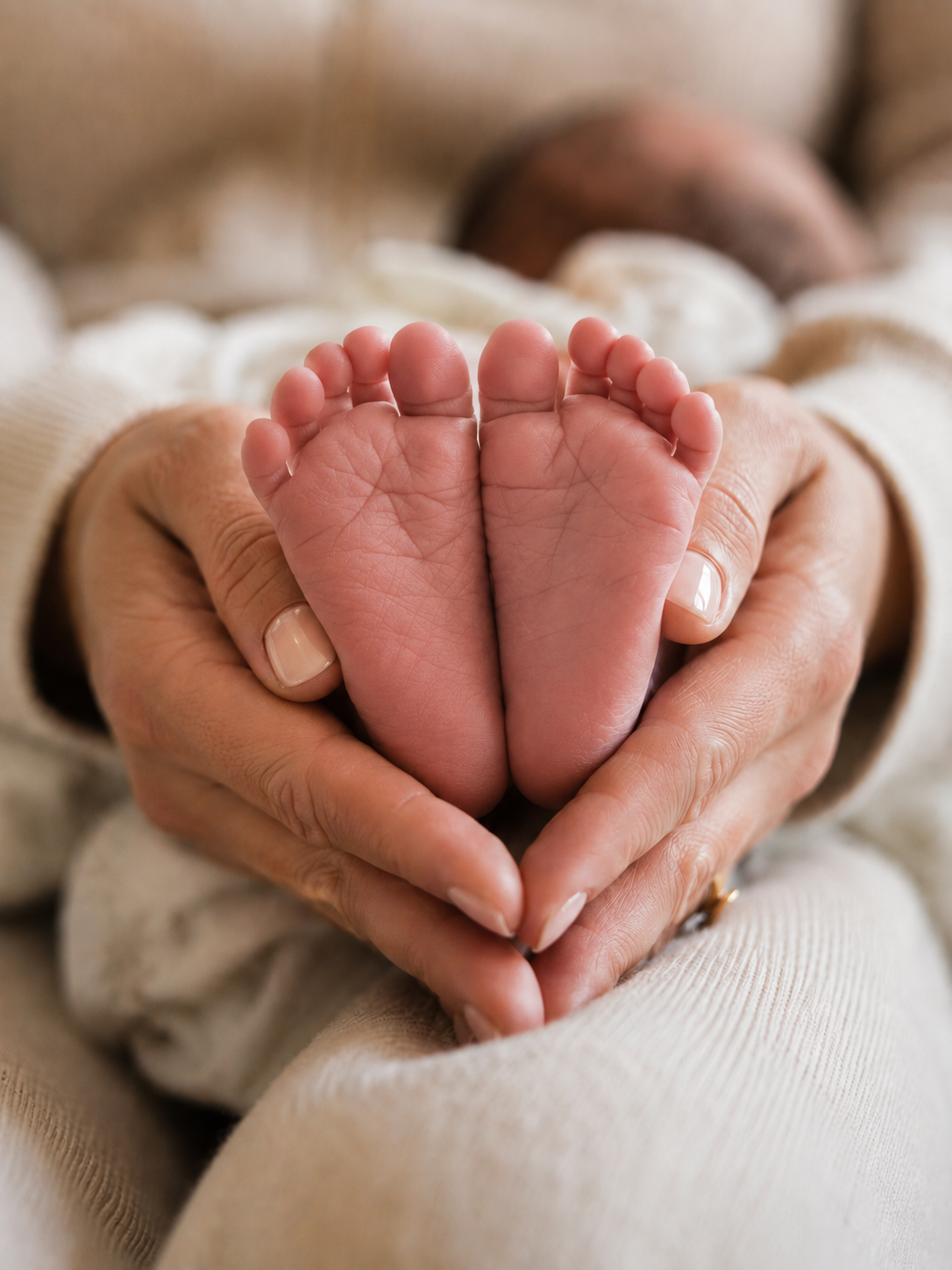 An adult holding a baby's feet in both hands, forming a heart shape with the hands around the tiny feet.