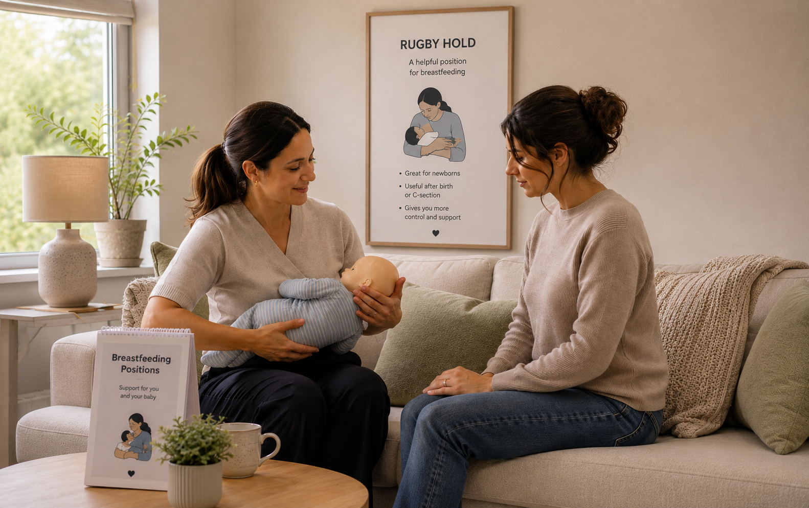 A woman practicing breastfeeding support with a doll while another woman sits nearby in a cozy room with natural light, potted plant, and informational posters about breastfeeding positions.
