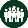 A person standing in front of a group of five others, with arms raised.