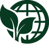 A green globe with leaves, symbolizing environmental sustainability