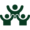 Three people celebrating with raised hands, wearing dark green clothing.