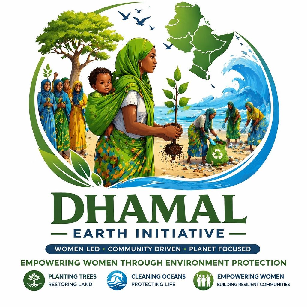Illustration of women and children planting trees, cleaning oceans, and protecting the environment with a map of Africa in the background. The text promotes Dhamal Earth Initiative focusing on women-led environmental projects.