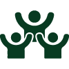 Three stylized human figures with raised arms, symbolizing celebration or unity, in dark green.