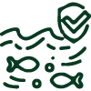 Abstract illustration of a fish and waves with a shield symbol.
