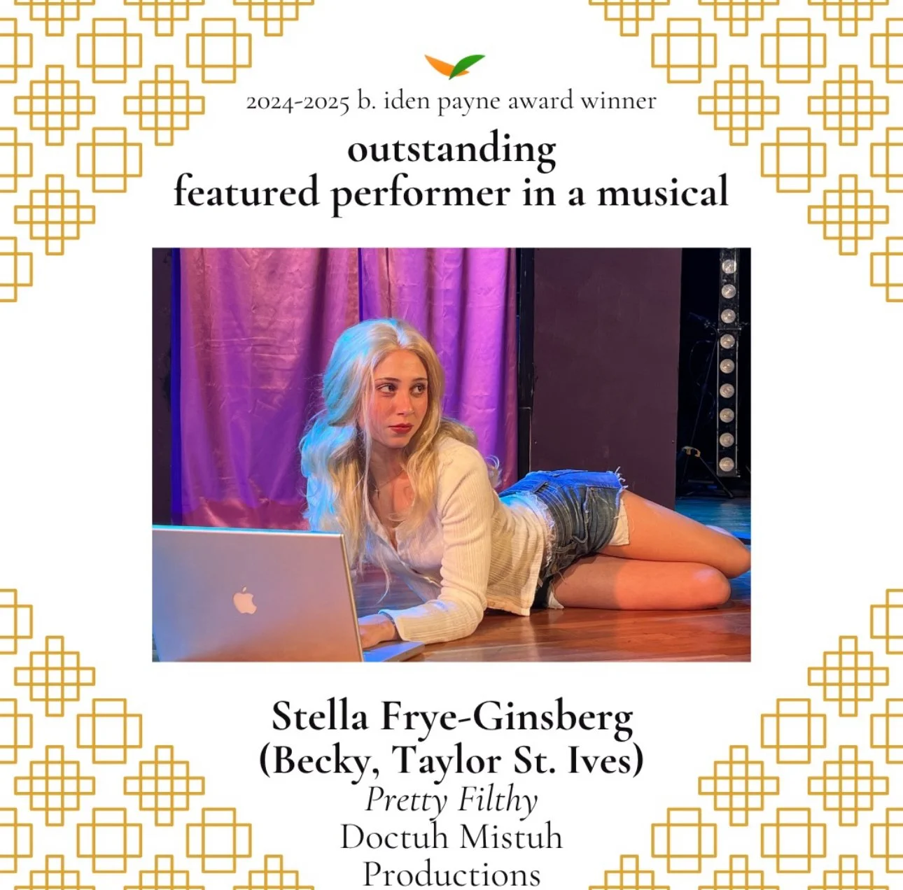 An award certificate with a gold geometric border, featuring a woman with long blonde hair lying on her stomach in front of a purple curtain, using a laptop, for outstanding featured performer in a musical. The certificate is awarded to Stella Frye-G