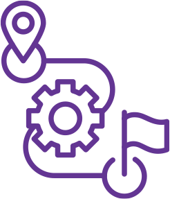 Outline of a location pin connected to a gear and a flag, symbolizing a location or destination with settings or achievement.