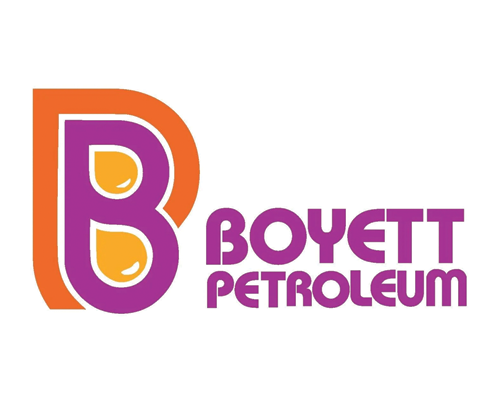 Boyett Petroleum logo with a large stylized letter B in orange and purple, and the company name in purple Cursive font.