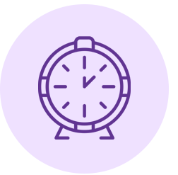 Line drawing of a clock showing 12:03 on a purple circular background.