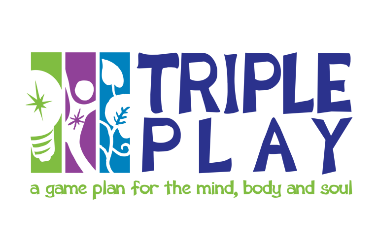 Logo for Triple Play, featuring colorful vertical sections with symbols representing mind, body, and soul, and the tagline "a game plan for the mind, body and soul."