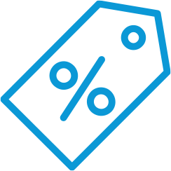 A blue line drawing of a discount or sale tag with a percentage symbol on it.