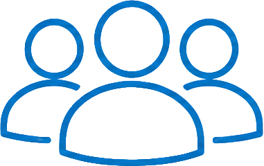 Line drawing of three people, one in the center and two on either side, representing a group or team.
