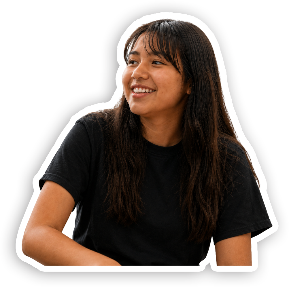 A young woman with long dark hair, smiling and wearing a black t-shirt, against a black background with a white outline.