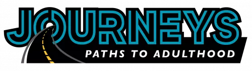 Logo with the word 'JOURNEYS' in blue, a winding yellow road, and the phrase 'Paths to Adulthood' underneath.