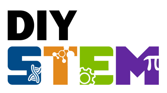 The image features the words "DIY STEM" with each letter in a different color and design representing science, technology, engineering, and math.