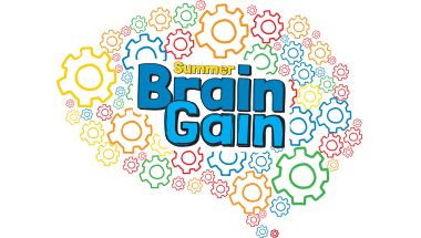 Colorful puzzle pieces surrounding the words 'Summer Brain Gain' in blue and black text