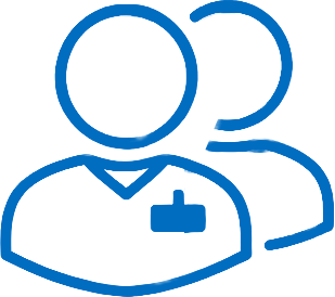 Outline of two medical professionals with name tags, one in front and one slightly behind.