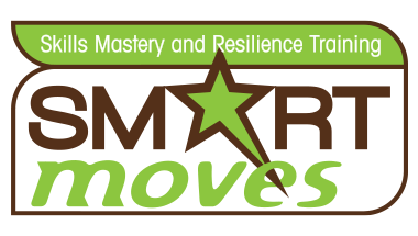 Logo for Skills Mastery and Resilience Training featuring the words "SMART moves" with a star in the letter "A" and a green banner at the top.