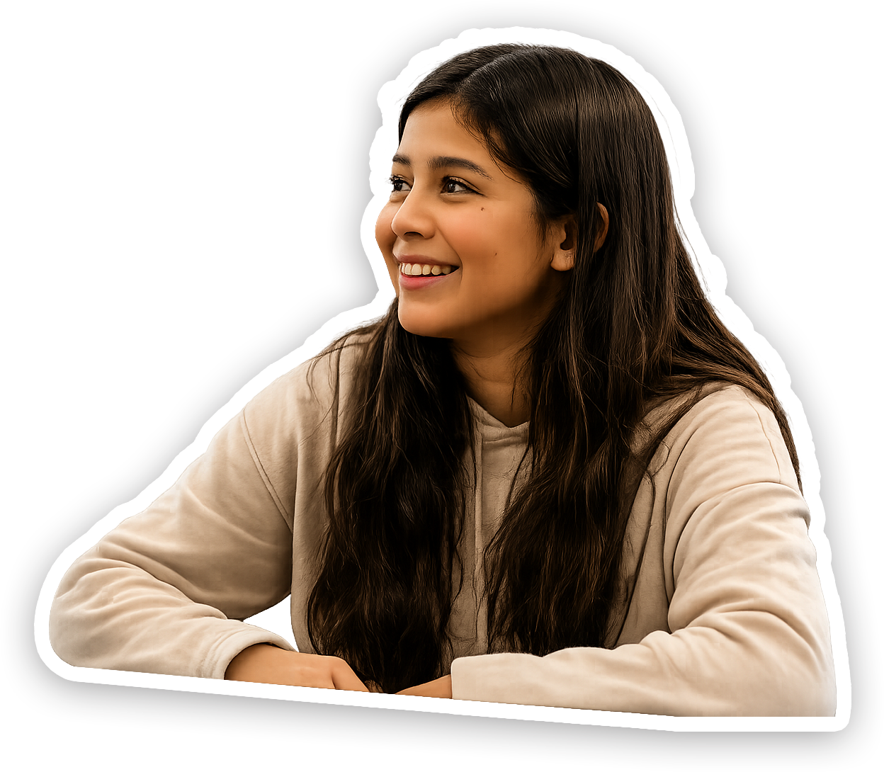 A smiling young woman with long dark hair, wearing a beige hoodie, sitting with arms crossed on a transparent background.