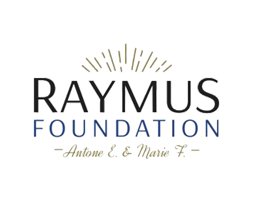 Raymus Foundation logo with gold rays above, blue and black text, and gold cursive names.