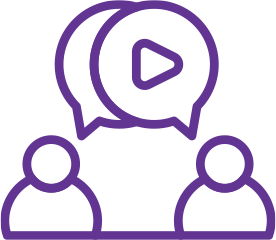 Icon of two people with speech bubbles and a play button