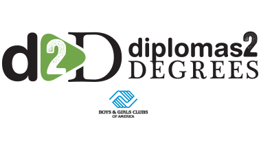 Logo for diplomas2degrees featuring a green diploma icon with the number 2, and black text reading 'd2D' and 'diplomas 2 DEGREES' with a small blue emblem underneath.